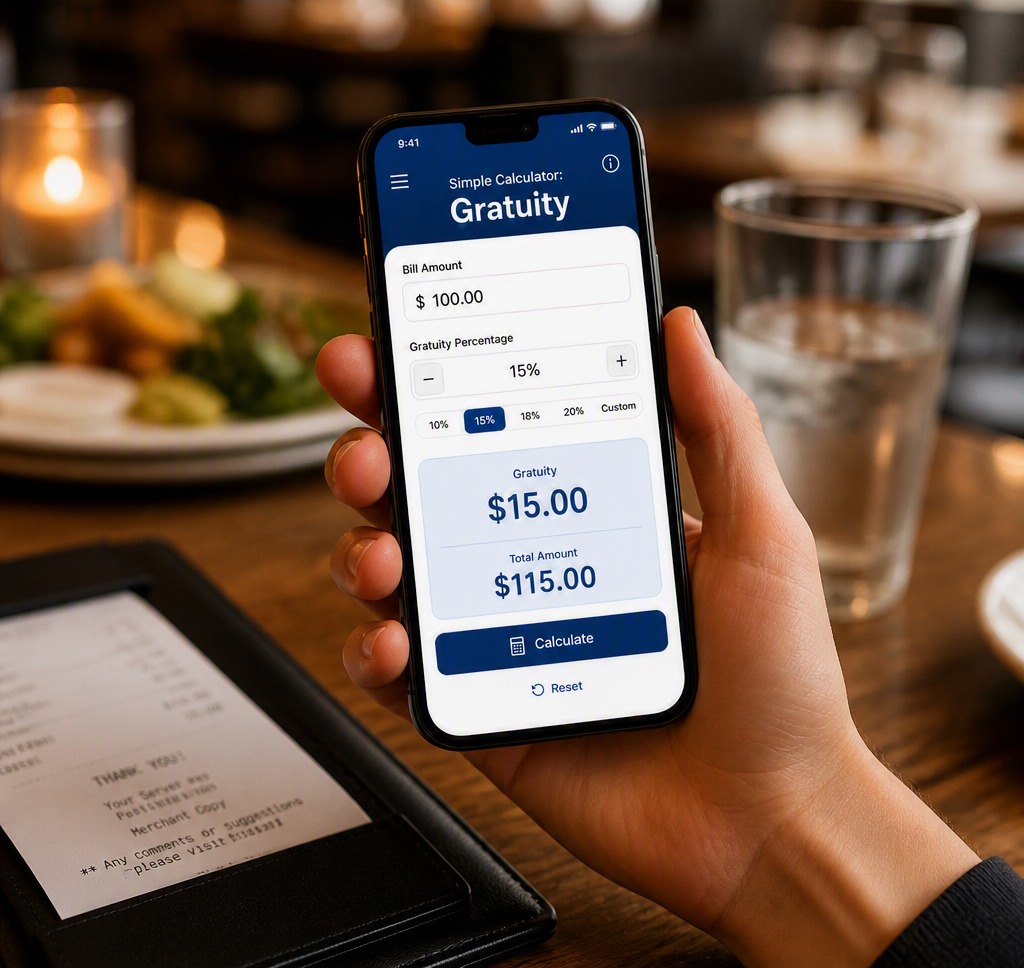 Diner holding a phone running the Gratuity Calculator bill splitter at a restaurant table